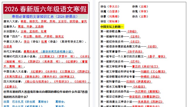 2026春新版六年级语文寒假必掌握的文学知识汇总-免费学习资料下载 - 开学吧