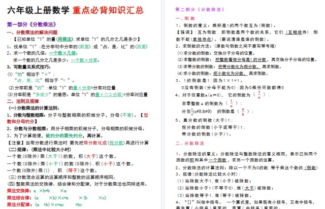 六年级上册数学各单元重点必背知识点期末归纳总结-免费学习资料下载 - 开学吧