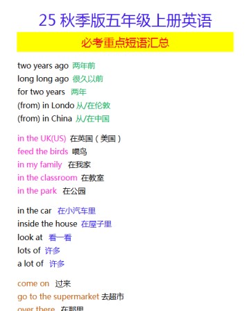 【2025秋新版】五年级上册英语 必考重点短语汇总-免费学习资料下载 - 开学吧