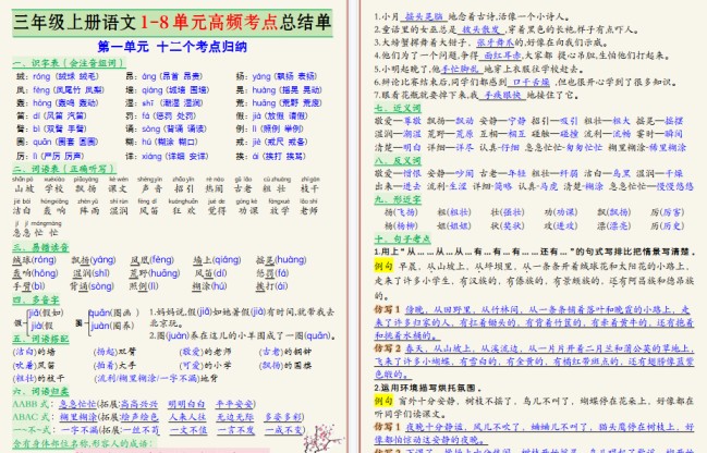 新三上语文复习1-8单元高频考点期末总结单（26页）-免费学习资料下载 - 开学吧