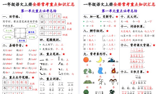 新一上语文全册1-8单元常考重点知识汇总期末20页-免费学习资料下载 - 开学吧