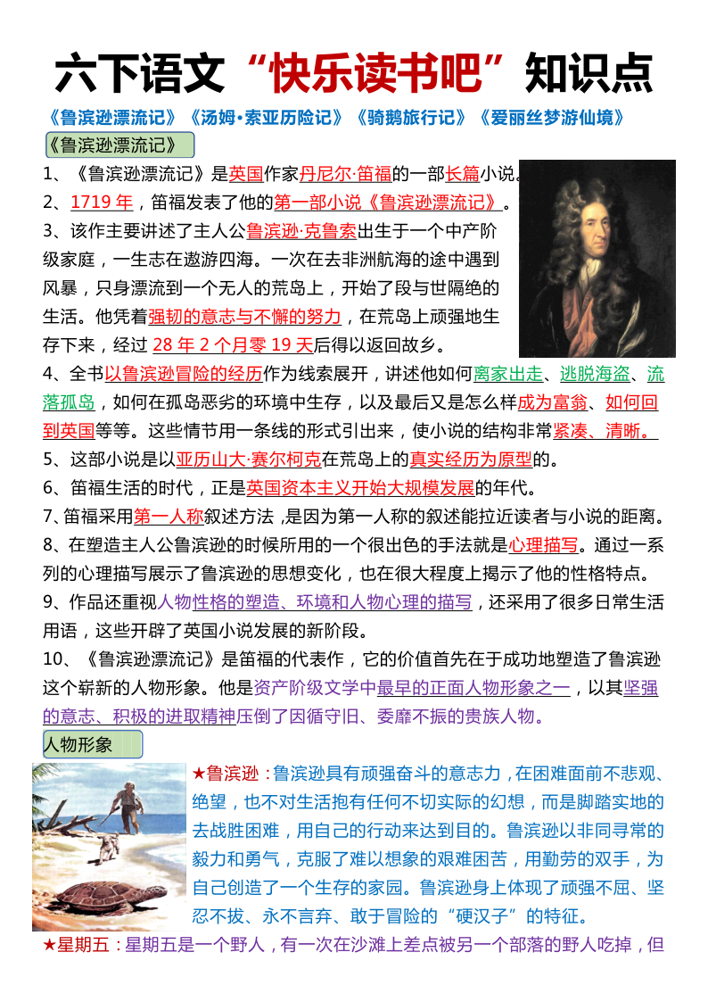 六年级（下）语文快乐读书吧知识点梳理与练习-教学网