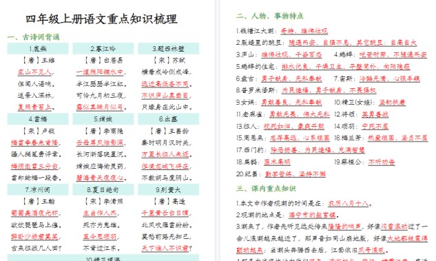【16页高清完整版】【重点知识内容梳理】四上语文-免费学习资料下载 - 开学吧
