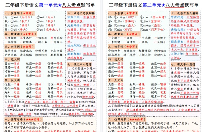 【8页高清完整版】（答案版）三年级下册语文1-8单元八大考点默写单-免费学习资料下载 - 开学吧