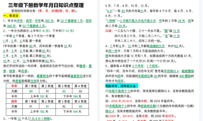 【5页高清完整版】三年级下册数学年月日知识点整理-免费学习资料下载 - 开学吧