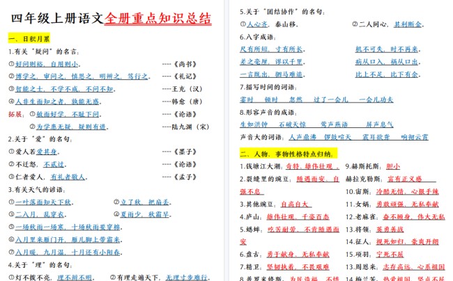 【28页高清完整版】【全册重点知识总结】四上语文-免费学习资料下载 - 开学吧