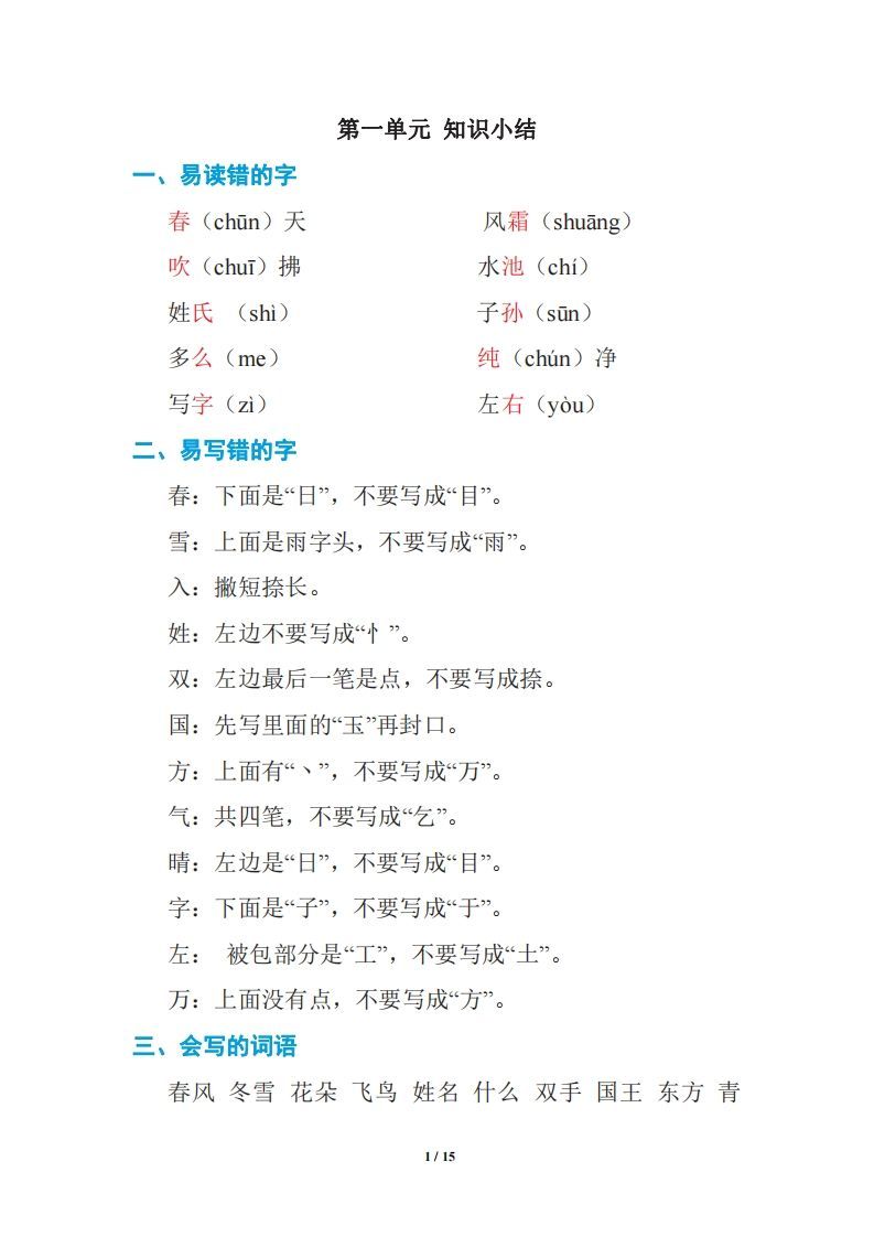 语文一年级下册期中复习知识要点-小初高学习资料下载_真题试卷 - 开学吧资料库