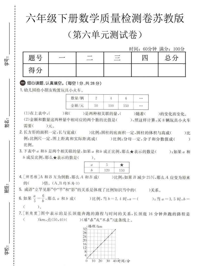 六年级下数学第六单元质量检测卷1苏教版-小初高学习资料下载_真题试卷 - 开学吧资料库