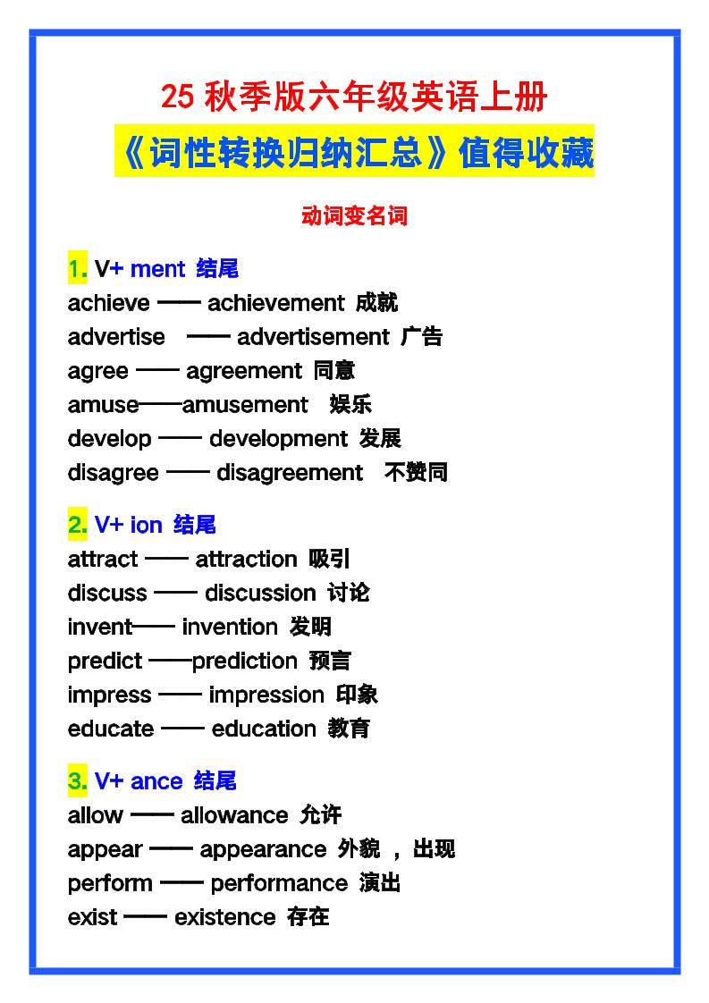 【2025秋新版】六年级英语上册《词性转换归纳汇总》,值得收藏!-小初高学习资料下载_真题试卷 - 开学吧资料库