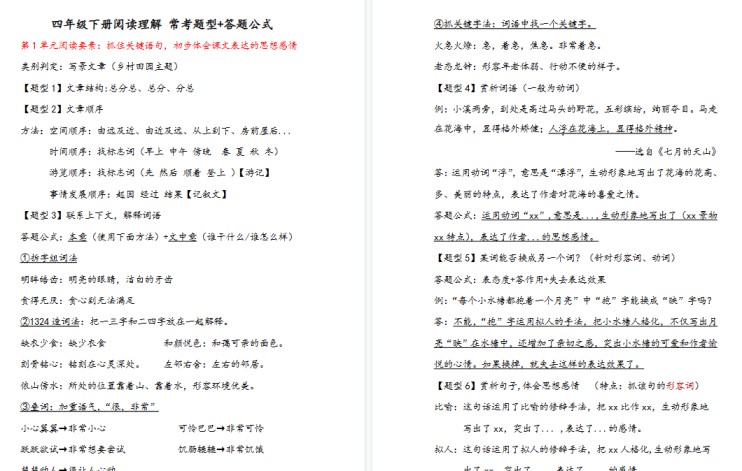 【15页高清完整版】【阅读理解常考题型+答题公式】四下语文-免费学习资料下载 - 开学吧