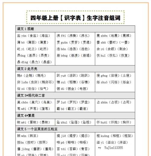 【2025秋季版】四上语文（识字表）注音、组词-免费学习资料下载 - 开学吧