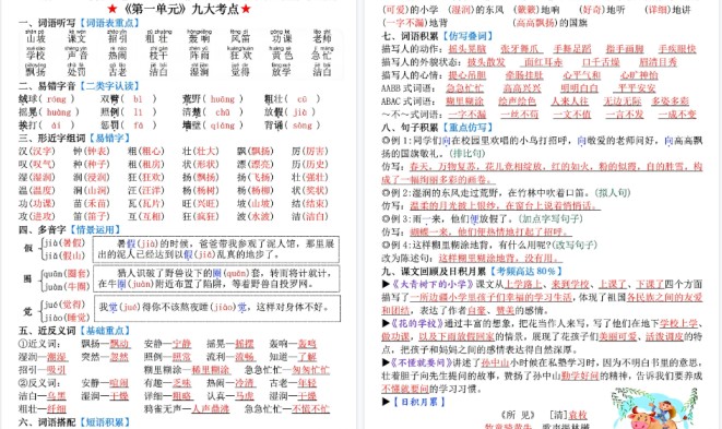 【17页高清完整版】【新三上语文1-8单元知识点归纳（精华版）九大考点】-免费学习资料下载 - 开学吧