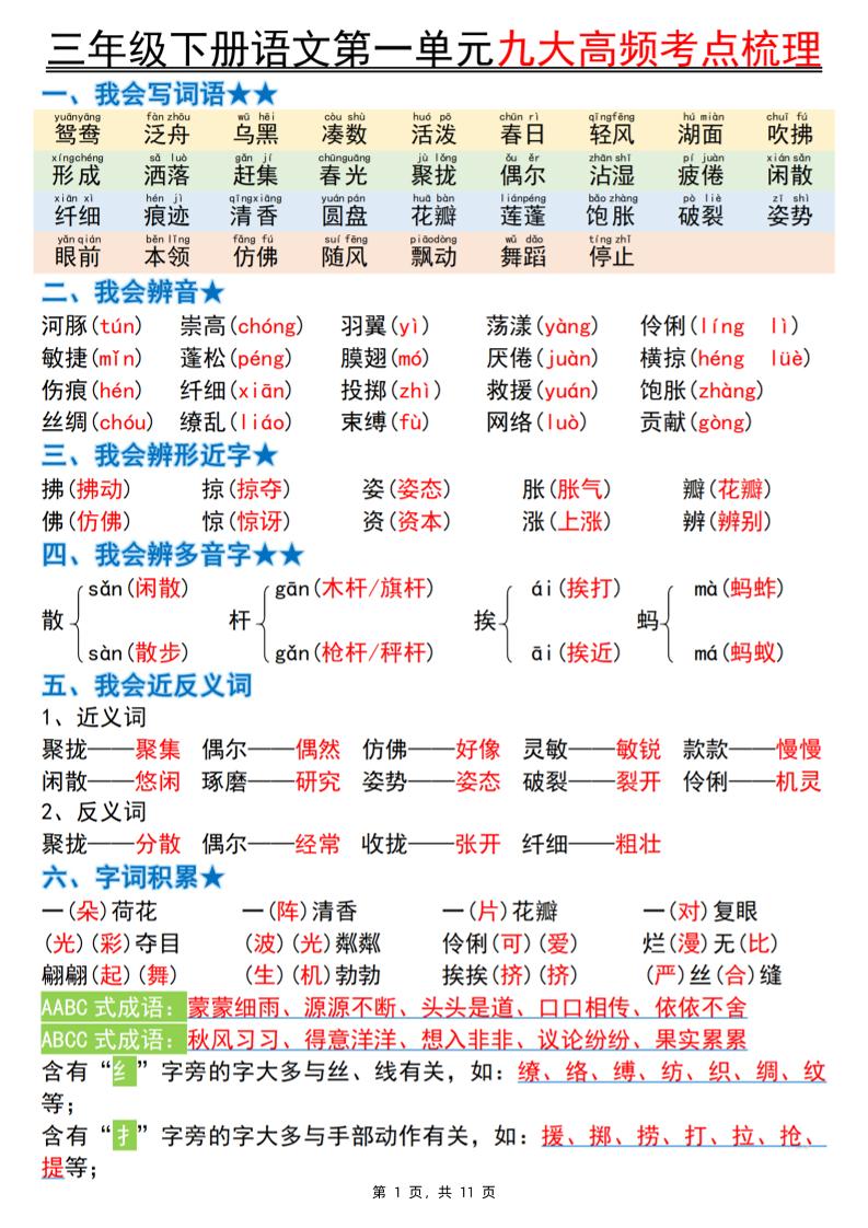 三下语文期中复习1-4单元高频考点梳理(11页)-小初高学习资料下载_真题试卷 - 开学吧资料库