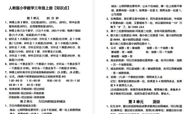 【6页高清完整版】三（上）人教版数学【知识点】-免费学习资料下载 - 开学吧