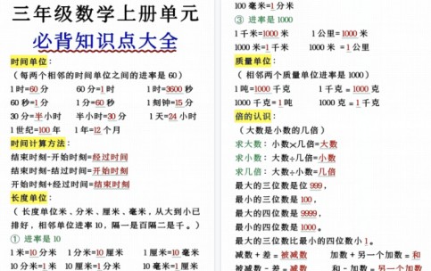 【10页高清完整版】三（上）数学（人教版）《单元知识点必背大全》-免费学习资料下载 - 开学吧