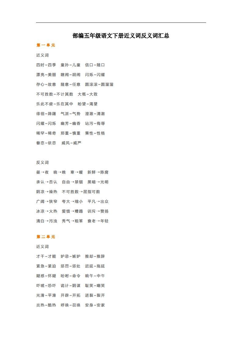 五年级语文下册近义词反义词汇总（部编版）-小初高学习资料下载_真题试卷 - 开学吧资料库