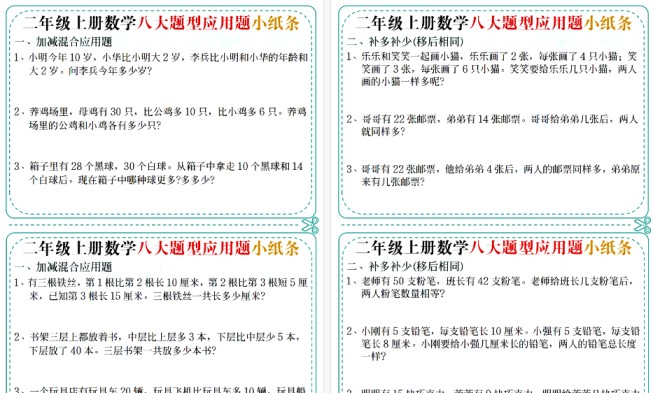 【14页高清完整版】二年级上册数学八大题型应用题小纸条-免费学习资料下载 - 开学吧