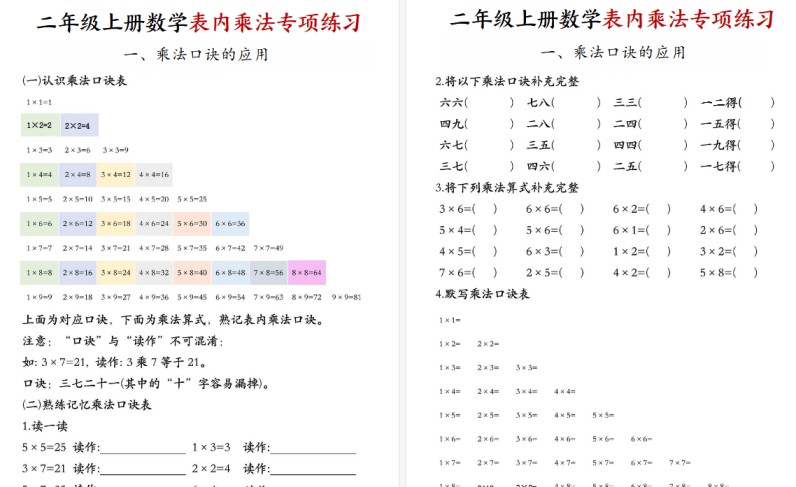 【8页高清完整版】二年级（上）数学表内乘法专项练习-免费学习资料下载 - 开学吧