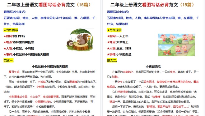 【15页高清完整版】二年级上册语文看图写话范文15篇-免费学习资料下载 - 开学吧
