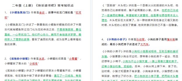 【2页高清完整版】《快乐读书吧》常考知识点2年级上-免费学习资料下载 - 开学吧
