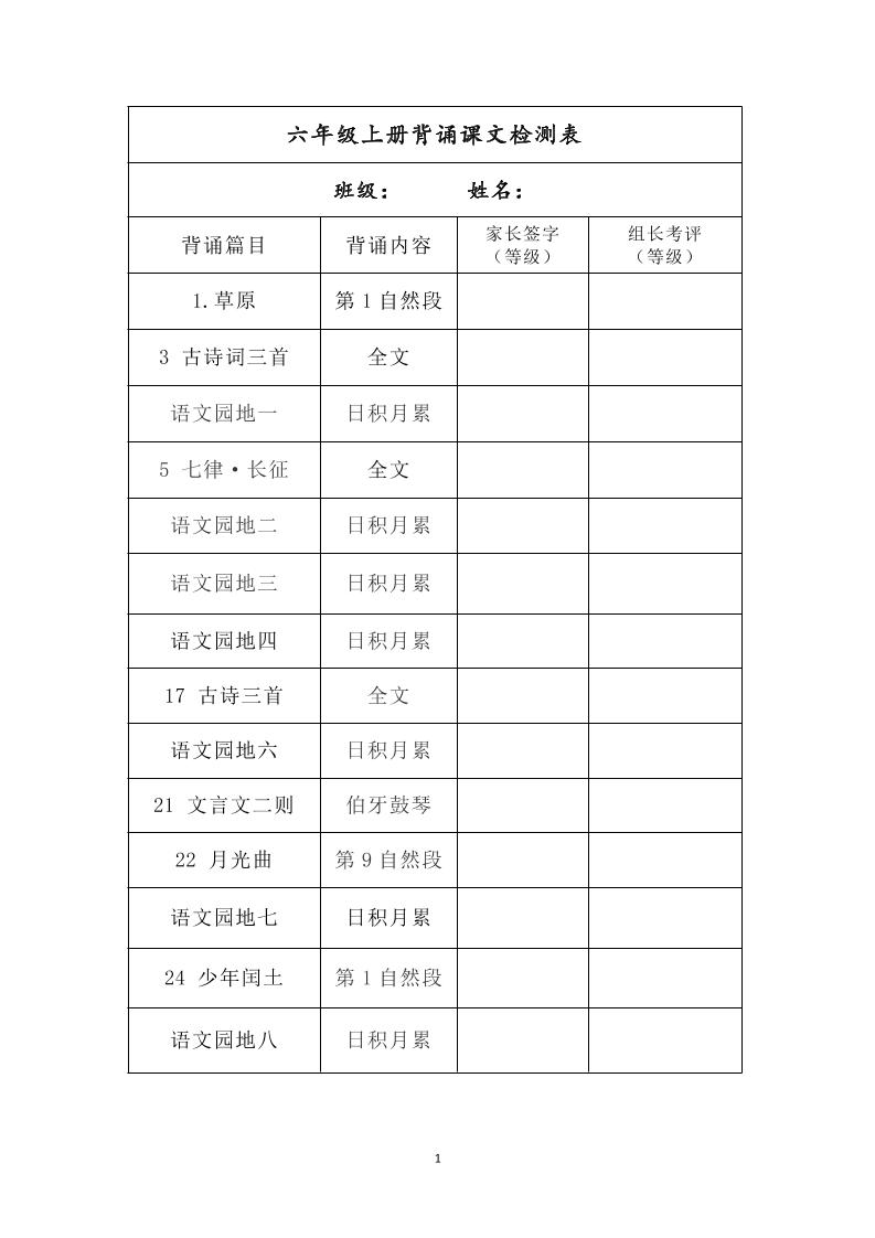 六年级上册背诵课文检测表及内容-语文-小初高学习资料下载_真题试卷 - 开学吧资料库
