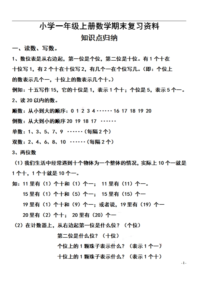一上数学【期末：复习知识点和练习】-小初高学习资料下载_真题试卷 - 开学吧资料库
