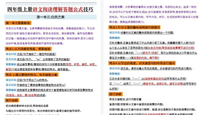 【8页高清完整版】四年级上册语文阅读理解答题公式-免费学习资料下载 - 开学吧