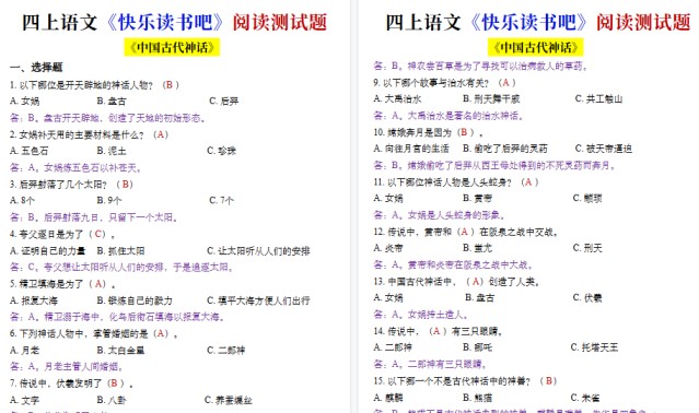 【17页高清完整版】四年级上册语文快乐读书吧测试题-免费学习资料下载 - 开学吧