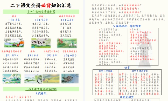 【25页高清完整版】二年级下册语文全册必背知识汇总-免费学习资料下载 - 开学吧