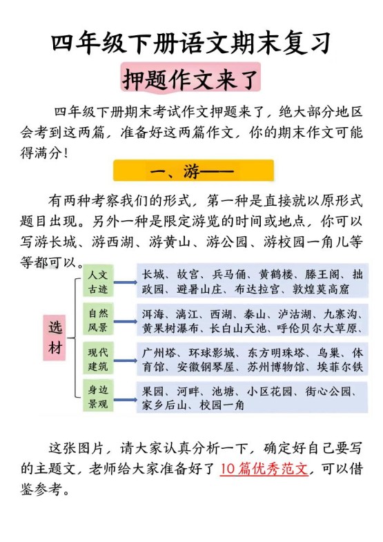 四年级下册语文期末复习押题作文-免费学习资料下载 - 开学吧