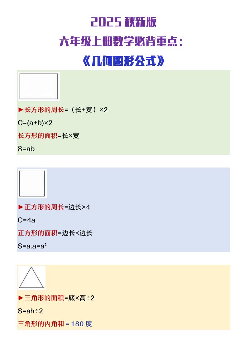 【2025秋新版】六年级上册数学必背几何图形公式大全-小初高学习资料下载_真题试卷 - 开学吧资料库