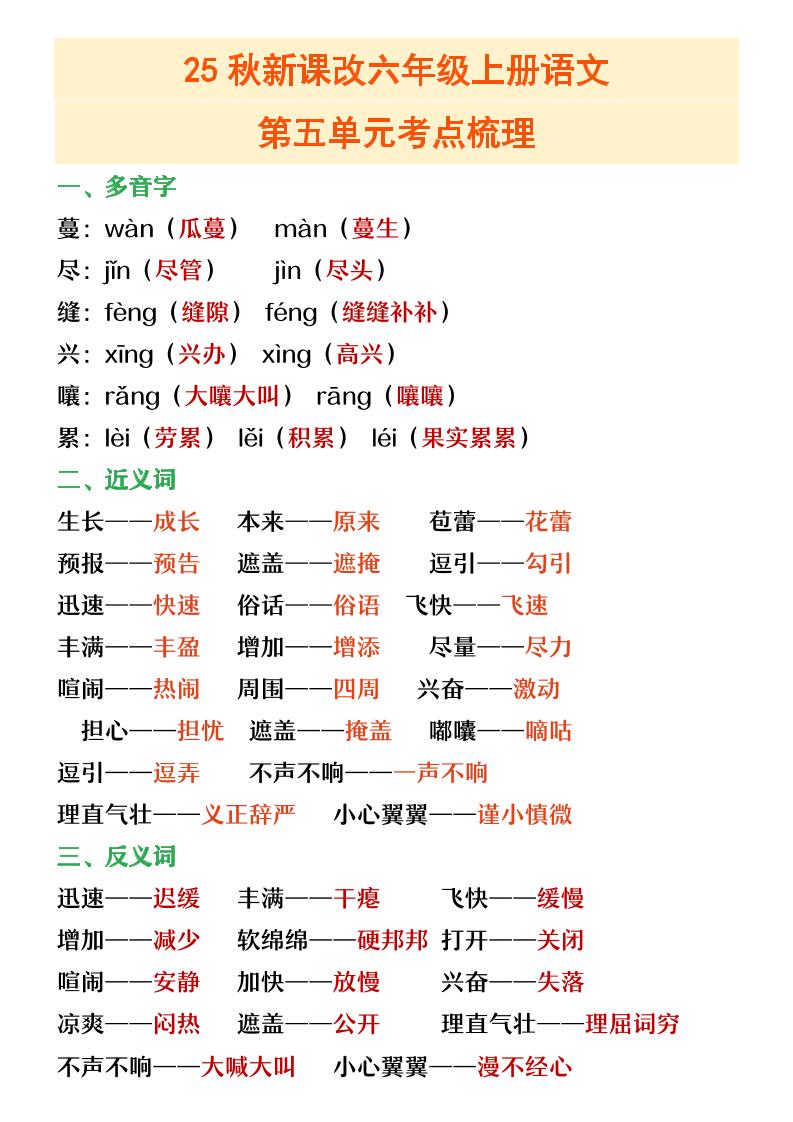 【2025秋新版】六年级上册语文第五单元重点考点梳理-小初高学习资料下载_真题试卷 - 开学吧资料库