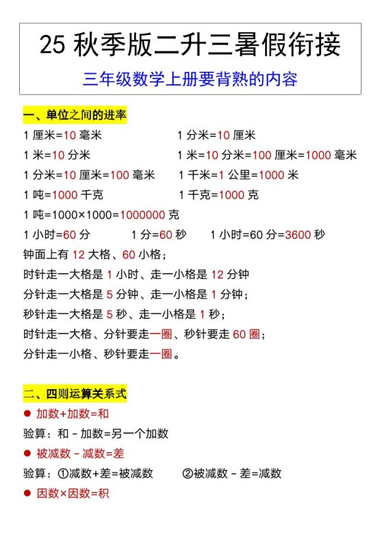 【2025秋新版】三年级数学上册要背熟的内容-免费学习资料下载 - 开学吧