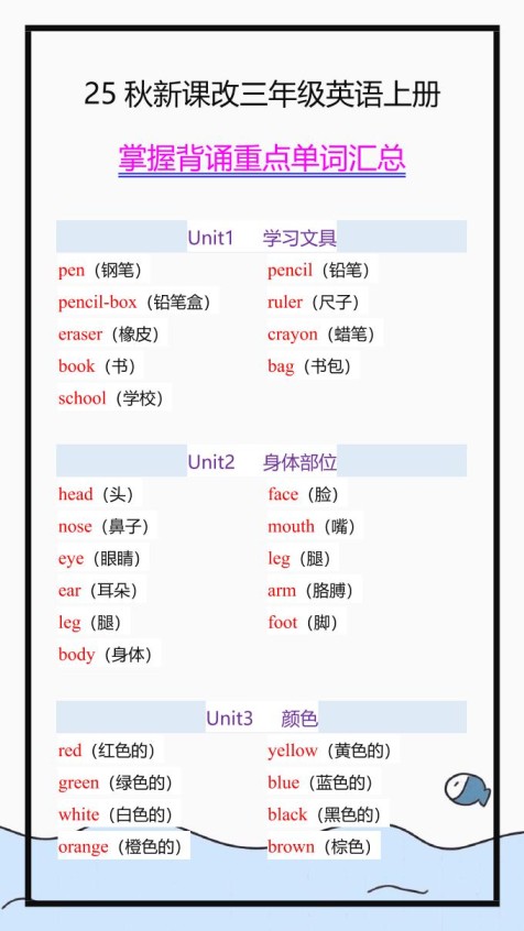 【2025秋新版】三年级英语上册必须掌握背诵的重点单词汇总！-免费学习资料下载 - 开学吧