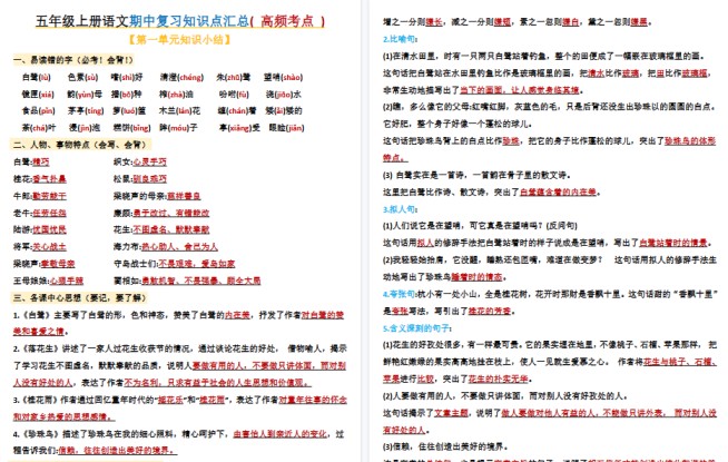 【12页高清完整版】五上期中高频考点-免费学习资料下载 - 开学吧