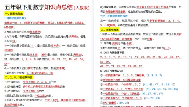 【6页高清完整版】数学五年级下册必背知识点汇总-免费学习资料下载 - 开学吧