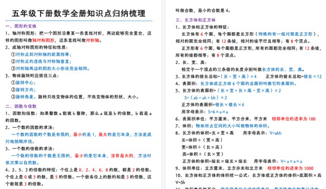 【8页高清完整版】五年级下册数学全册知识点归纳梳理-免费学习资料下载 - 开学吧