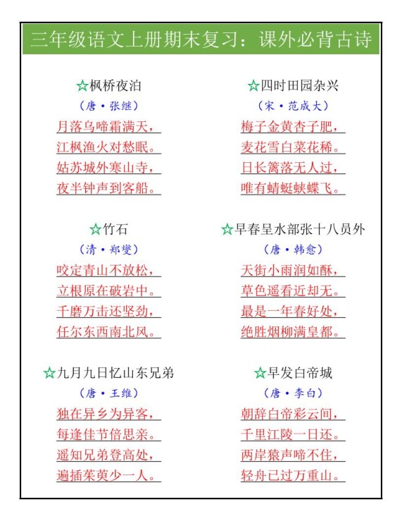 【2025秋新版】三年级语文上册期末复习：课外必背古诗-免费学习资料下载 - 开学吧