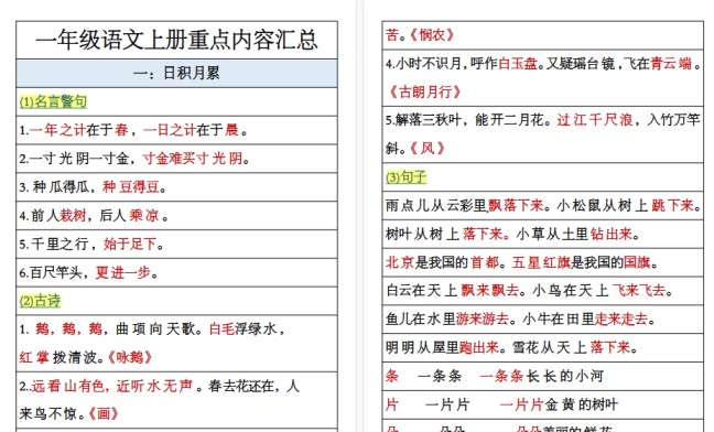 【18页高清完整版】一（上）语文《日积月累》重点内容-免费学习资料下载 - 开学吧