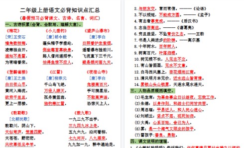 【18页高清完整版】二年级上册一升二暑假预习必背课文、古诗、名言、词汇-免费学习资料下载 - 开学吧