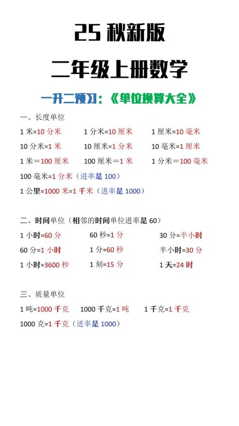 【2025秋新版】二年级上册数学单位换算大全-免费学习资料下载 - 开学吧