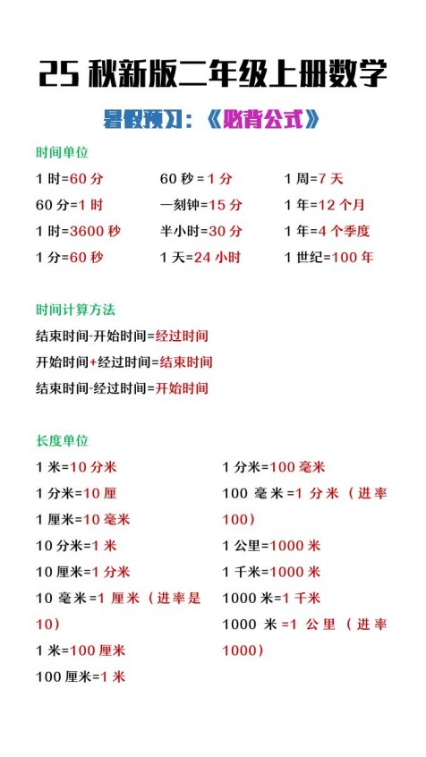 【2025秋新版】二年级上册数学暑假必背公式-免费学习资料下载 - 开学吧