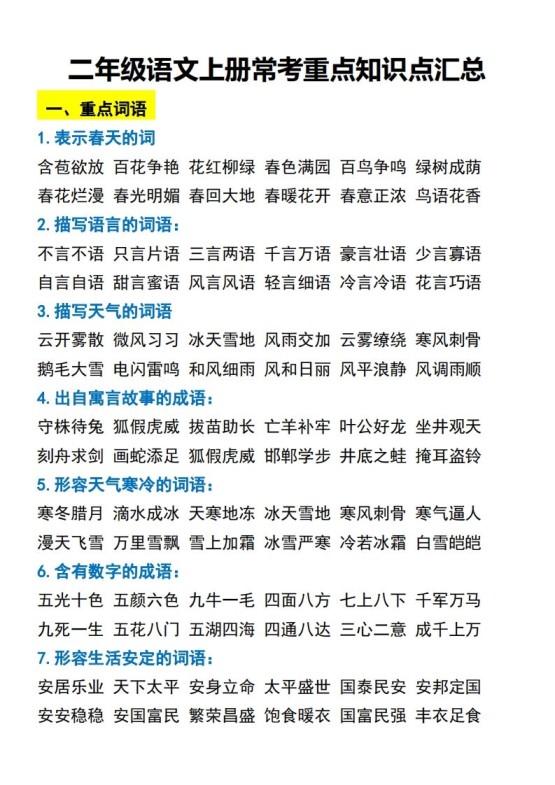 二年级语文上册常考重点知识点汇总必背-免费学习资料下载 - 开学吧