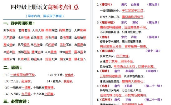 【21页高清完整版】四年级语文上册期末高频考点知识汇总-免费学习资料下载 - 开学吧