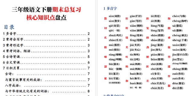 【8页高清完整版】三年级语文下册期末总复习-核心知识点盘点-免费学习资料下载 - 开学吧