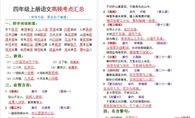 【19页高清完整版】四上语文全册高频考点归类-免费学习资料下载 - 开学吧