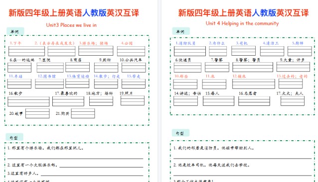 【12页高清完整版】新人教版四上英语单词句型英汉互译-免费学习资料下载 - 开学吧
