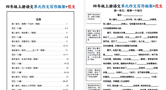 【34页高清完整版】四上语文1-8单元作文写作框架+范文-免费学习资料下载 - 开学吧