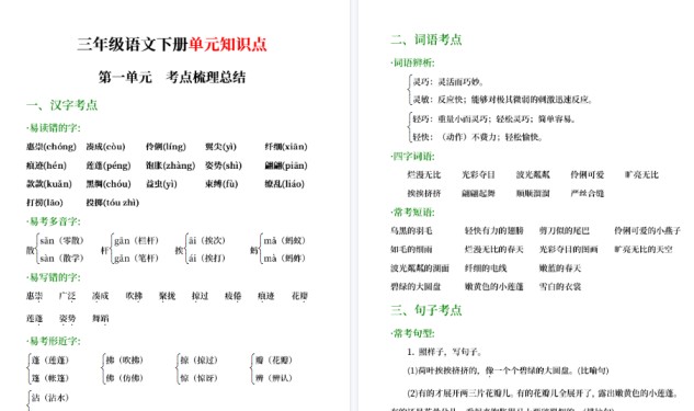 【25页高清完整版】三年级语文下册期末总复习核心考点单元梳理总结，纯文字版-免费学习资料下载 - 开学吧