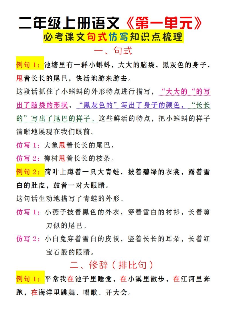 二上语文《第一单元》必考仿写句子-小初高学习资料下载_真题试卷 - 开学吧资料库